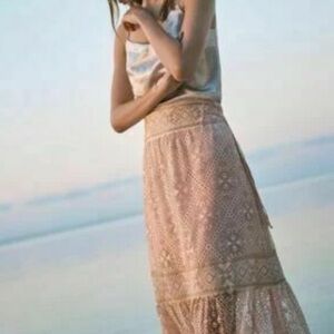Anthropologie Queen & Pawn Pink Lace Maxima Maxi Long Boho Skirt LARGE